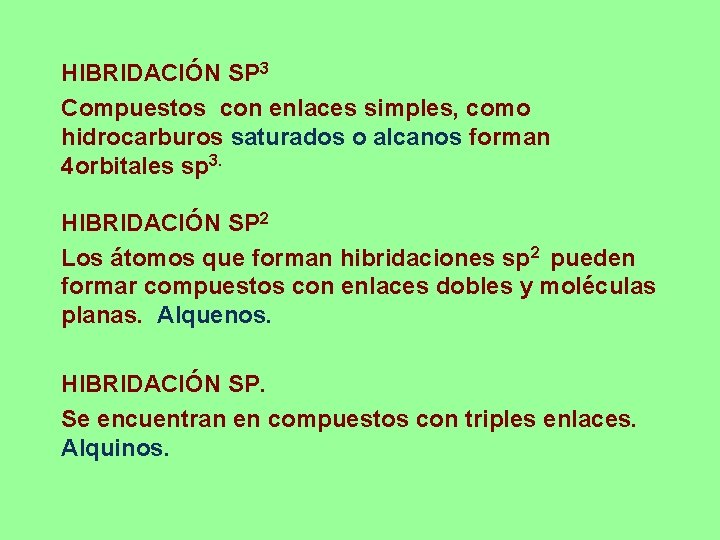 HIBRIDACIÓN SP 3 Compuestos con enlaces simples, como hidrocarburos saturados o alcanos forman 4