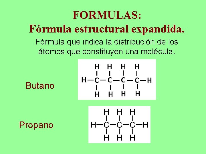 FORMULAS: Fórmula estructural expandida. Fórmula que indica la distribución de los átomos que constituyen