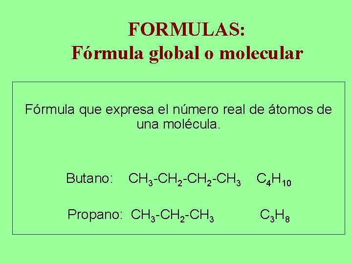 FORMULAS: Fórmula global o molecular Fórmula que expresa el número real de átomos de