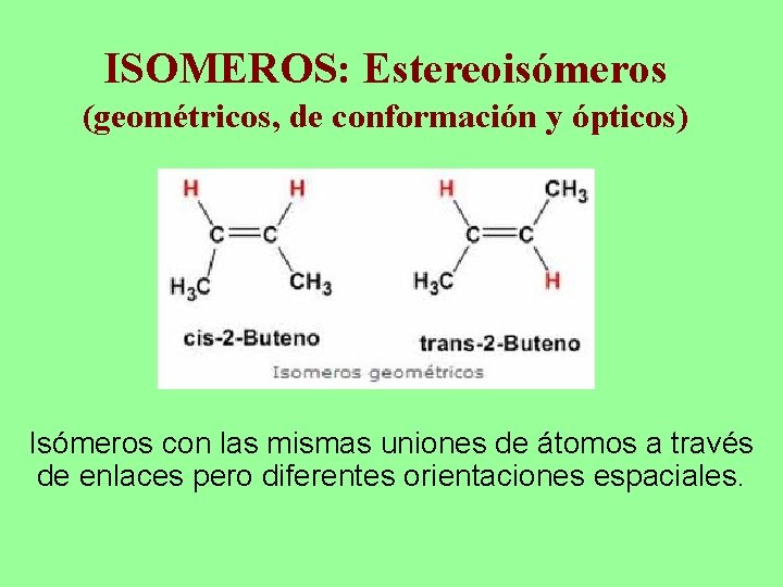 ISOMEROS: Estereoisómeros (geométricos, de conformación y ópticos) Isómeros con las mismas uniones de átomos