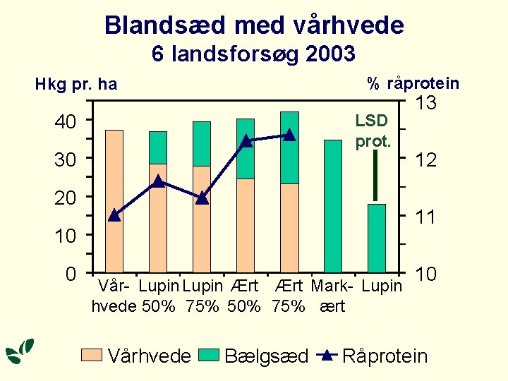 Blandsæd med vårhvede 6 landsforsøg 2003 % råprotein Hkg pr. ha 40 LSD prot.