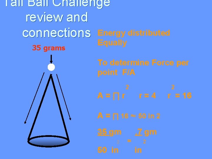 Tall Ball Challenge review and connections Energy distributed 35 grams Equally To determine Force