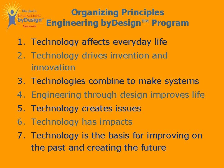 Organizing Principles Engineering by. Design™ Program 1. Technology affects everyday life 2. Technology drives