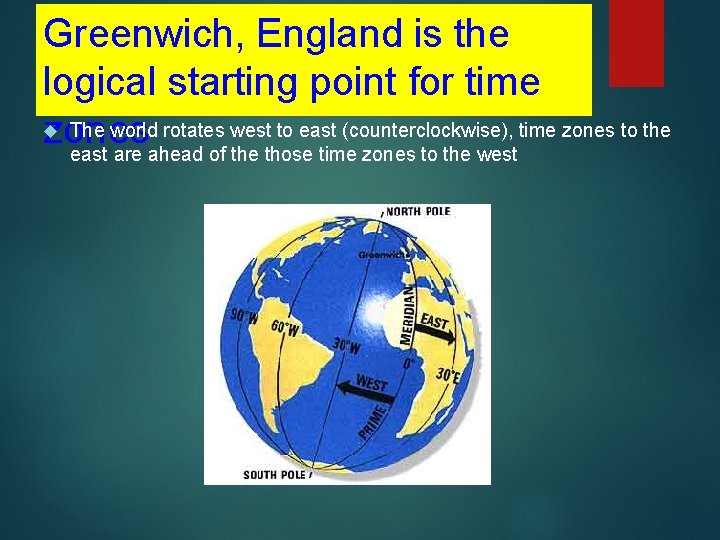 Greenwich, England is the logical starting point for time The world rotates west to Greenwich, England is the logical starting point for time The world rotates west to
