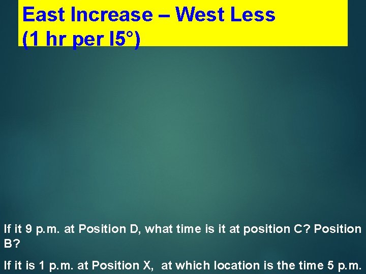 East Increase – West Less (1 hr per l 5°) If it 9 p. East Increase – West Less (1 hr per l 5°) If it 9 p.