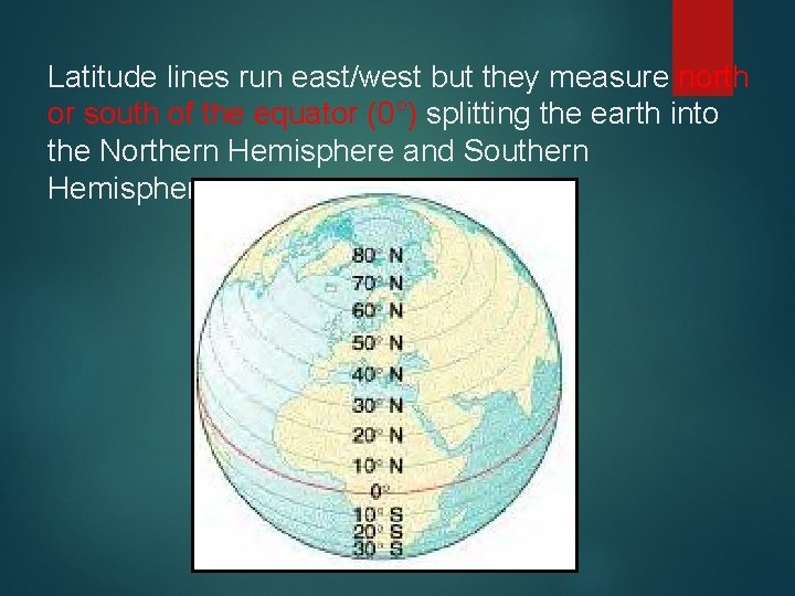 Latitude lines run east/west but they measure north or south of the equator (0°) Latitude lines run east/west but they measure north or south of the equator (0°)