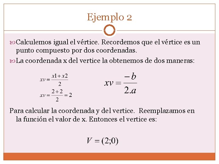 Ejemplo 2 Calculemos igual el vértice. Recordemos que el vértice es un punto compuesto Ejemplo 2 Calculemos igual el vértice. Recordemos que el vértice es un punto compuesto