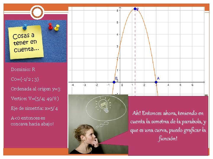 Dominio: R C 0={-1/2 ; 3} Ordenada al origen y=3 Vertice: V=(5/4; 49/8) Eje Dominio: R C 0={-1/2 ; 3} Ordenada al origen y=3 Vertice: V=(5/4; 49/8) Eje