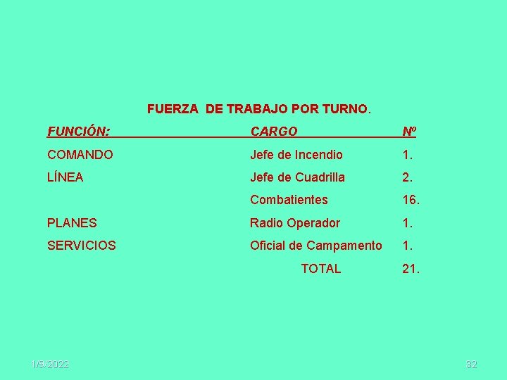 FUERZA DE TRABAJO POR TURNO. FUNCIÓN: CARGO Nº COMANDO Jefe de Incendio 1. LÍNEA