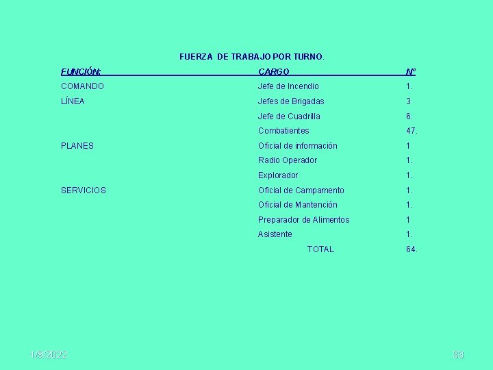 FUERZA DE TRABAJO POR TURNO. FUNCIÓN: CARGO Nº COMANDO Jefe de Incendio 1. LÍNEA
