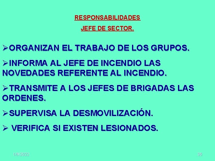 RESPONSABILIDADES JEFE DE SECTOR. ØORGANIZAN EL TRABAJO DE LOS GRUPOS. ØINFORMA AL JEFE DE