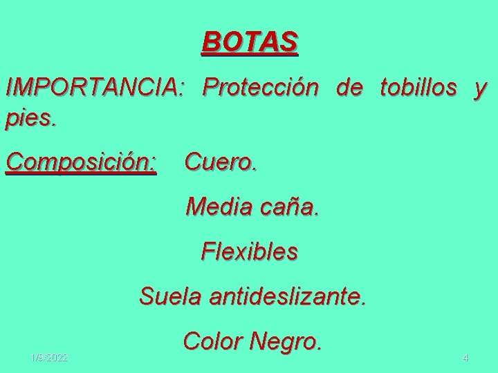 BOTAS IMPORTANCIA: Protección de tobillos y pies. Composición: Cuero. Media caña. Flexibles Suela antideslizante.