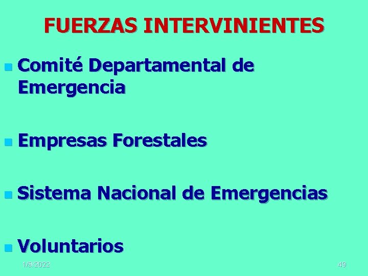 FUERZAS INTERVINIENTES n Comité Departamental de Emergencia n Empresas Forestales n Sistema Nacional de