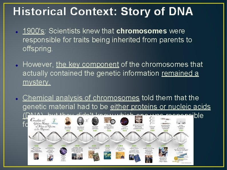 Historical Context: Story of DNA 1900's: Scientists knew that chromosomes were responsible for traits