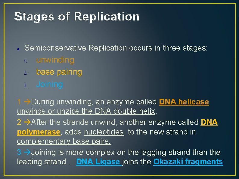 Stages of Replication Semiconservative Replication occurs in three stages: 1. 2. 3. unwinding base