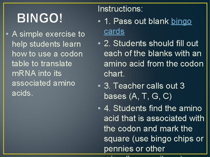 BINGO! • A simple exercise to help students learn how to use a codon