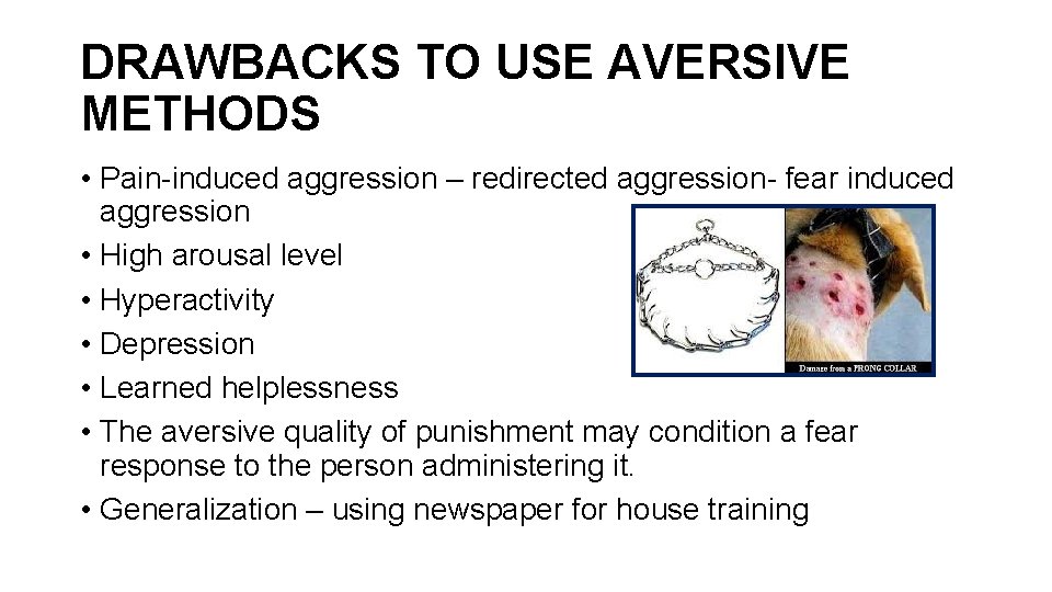 DRAWBACKS TO USE AVERSIVE METHODS • Pain-induced aggression – redirected aggression- fear induced aggression