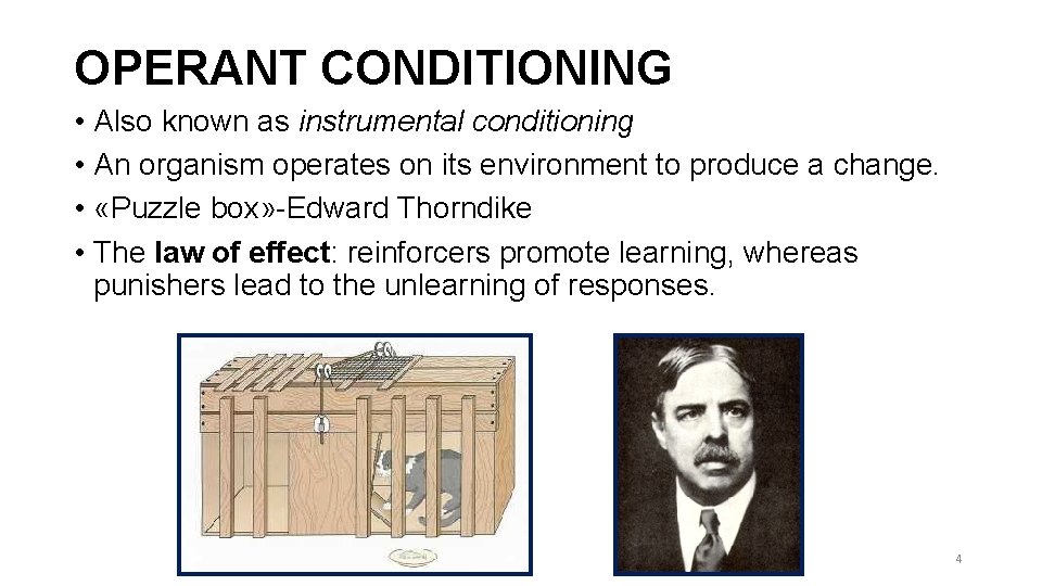 OPERANT CONDITIONING • Also known as instrumental conditioning • An organism operates on its