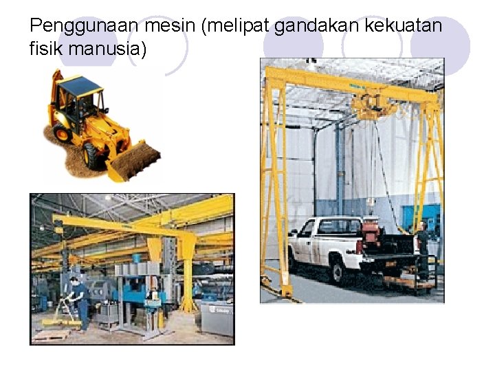 Penggunaan mesin (melipat gandakan kekuatan fisik manusia) Penggunaan mesin (melipat gandakan kekuatan fisik manusia)