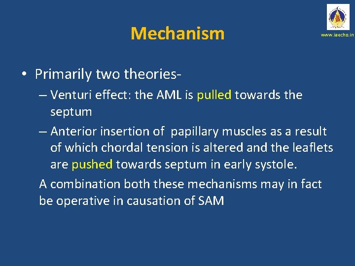 Mechanism www. iaecho. in • Primarily two theories– Venturi effect: the AML is pulled
