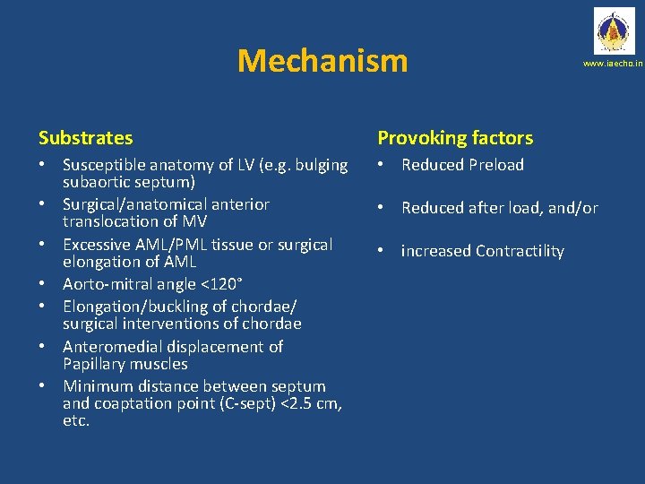 Mechanism Substrates Provoking factors • Susceptible anatomy of LV (e. g. bulging subaortic septum)