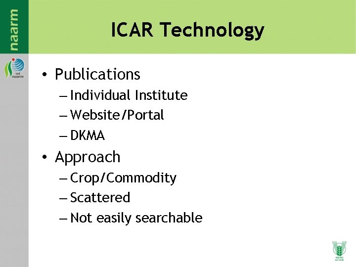 ICAR Technology • Publications – Individual Institute – Website/Portal – DKMA • Approach –