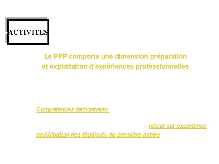 Activités : les différents modules ACTIVITES Le PPP comporte une dimension préparation et exploitation