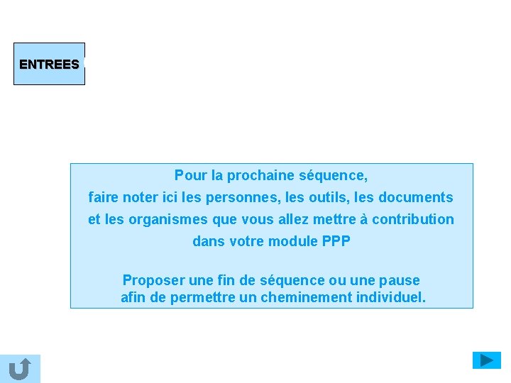 ENTREES Entrées retenues Pour la prochaine séquence, faire noter ici les personnes, les outils,