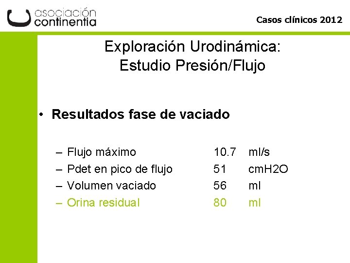 Casos clínicos 2012 Exploración Urodinámica: Estudio Presión/Flujo • Resultados fase de vaciado – –