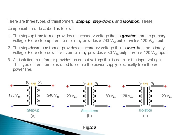There are three types of transformers: step-up, step-down, and isolation. These components are described