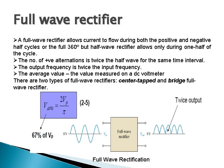 Full wave rectifier ØA full-wave rectifier allows current to flow during both the positive