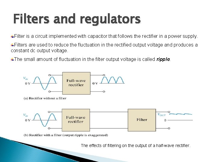 Filters and regulators Filter is a circuit implemented with capacitor that follows the rectifier