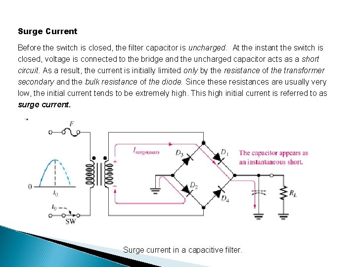 Surge Current Before the switch is closed, the filter capacitor is uncharged. At the