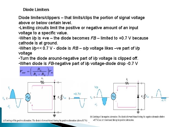 Diode Limiters Diode limiters/clippers – that limits/clips the portion of signal voltage above or