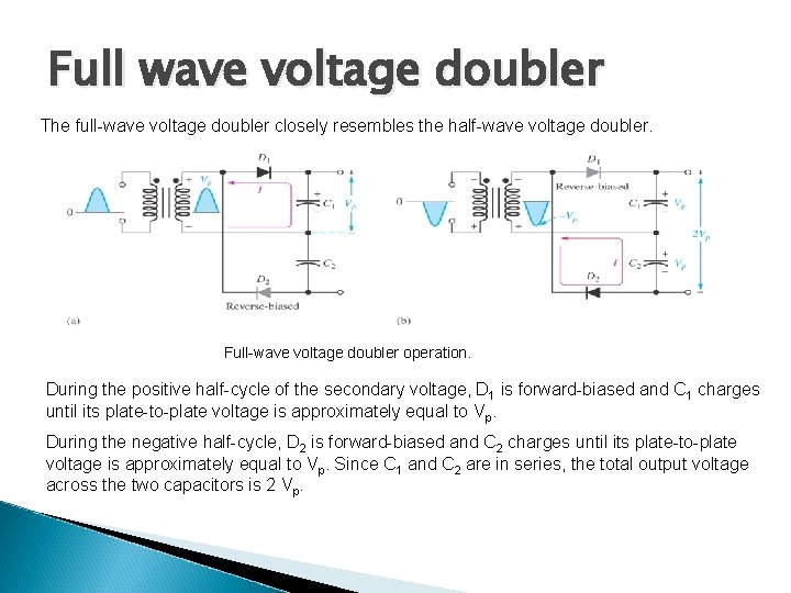 Full wave voltage doubler The full-wave voltage doubler closely resembles the half-wave voltage doubler.