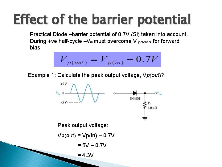 Effect of the barrier potential Practical Diode –barrier potential of 0. 7 V (Si)