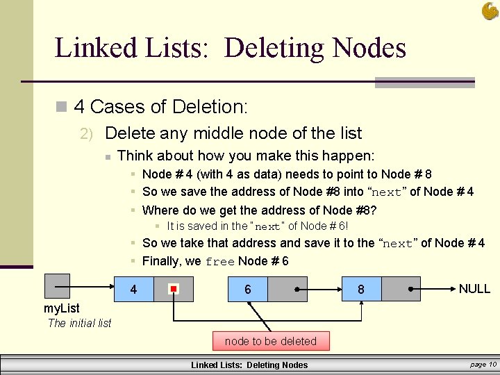 Linked Lists: Deleting Nodes n 4 Cases of Deletion: 2) Delete any middle node