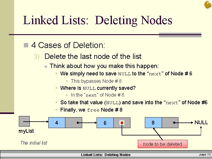 Linked Lists: Deleting Nodes n 4 Cases of Deletion: 3) Delete the last node