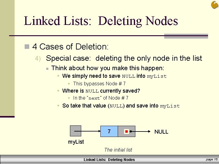 Linked Lists: Deleting Nodes n 4 Cases of Deletion: 4) Special case: deleting the