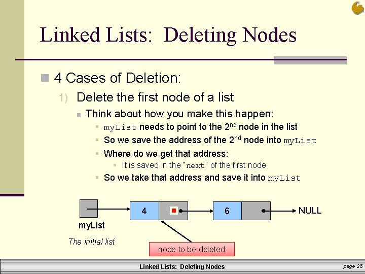 Linked Lists: Deleting Nodes n 4 Cases of Deletion: 1) Delete the first node