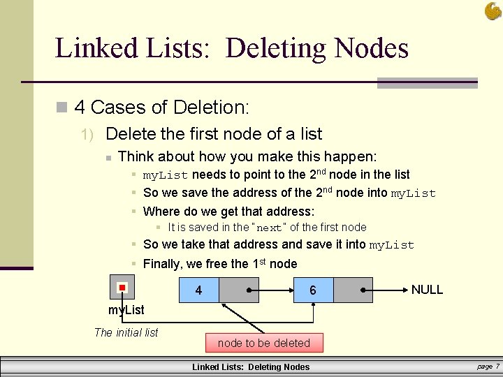Linked Lists: Deleting Nodes n 4 Cases of Deletion: 1) Delete the first node