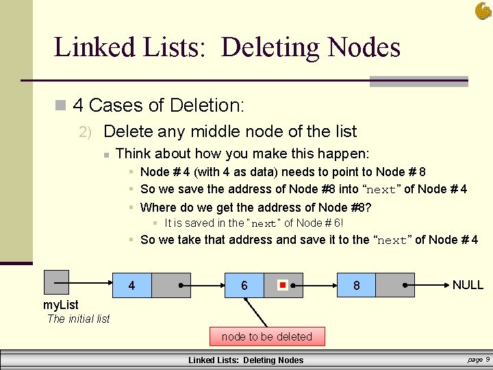 Linked Lists: Deleting Nodes n 4 Cases of Deletion: 2) Delete any middle node