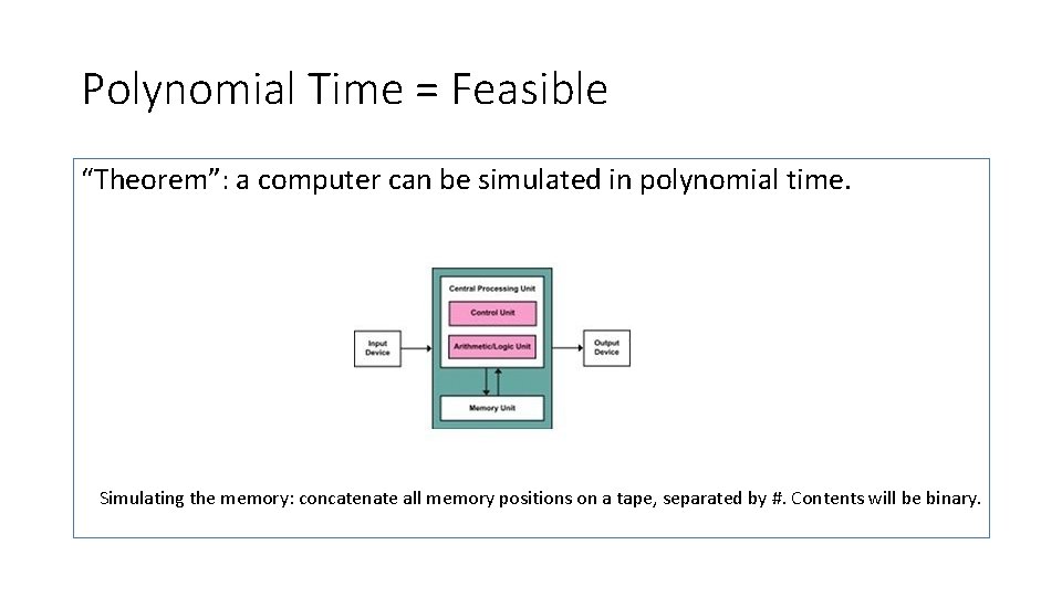 Polynomial Time = Feasible “Theorem”: a computer can be simulated in polynomial time. Simulating
