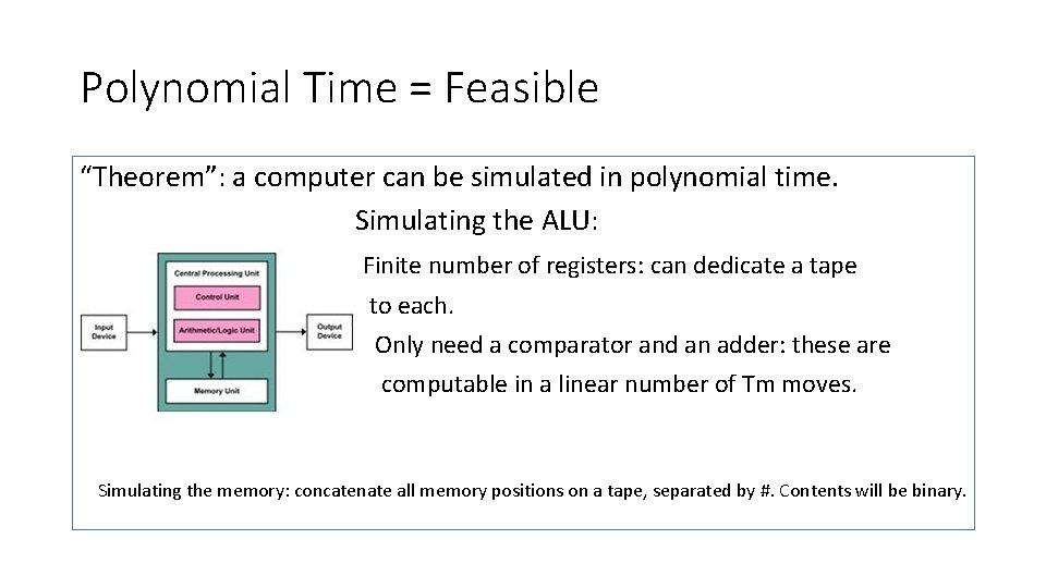 Polynomial Time = Feasible “Theorem”: a computer can be simulated in polynomial time. Simulating
