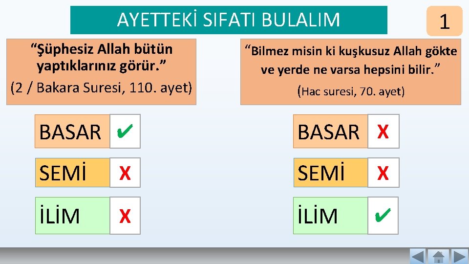 AYETTEKİ SIFATI BULALIM “Şüphesiz Allah bütün yaptıklarınız görür. ” (2 / Bakara Suresi, 110.