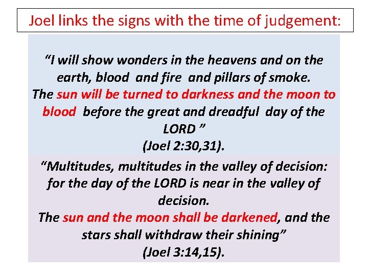 Joel links the signs with the time of judgement: “I will show wonders in