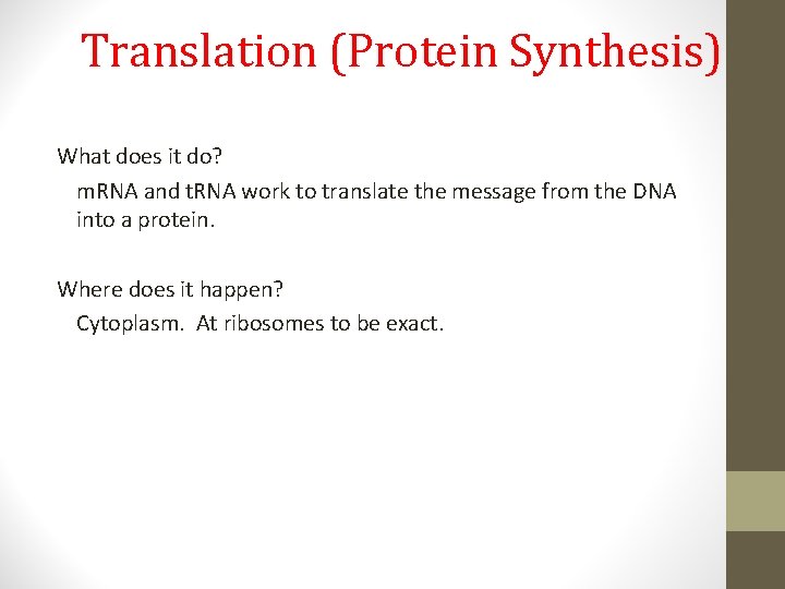 Translation (Protein Synthesis) What does it do? m. RNA and t. RNA work to