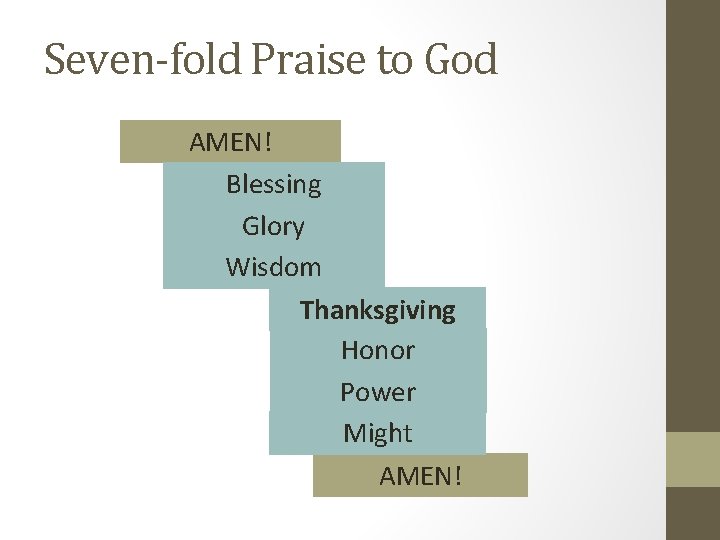 Seven-fold Praise to God AMEN! Blessing Glory Wisdom Thanksgiving Honor Power Might AMEN! 