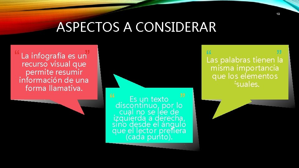 19 ASPECTOS A CONSIDERAR infografía es un” “ Larecurso visual que permite resumir información