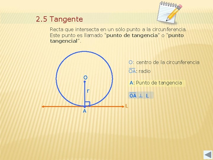 2. 5 Tangente Recta que intersecta en un sólo punto a la circunferencia. Este